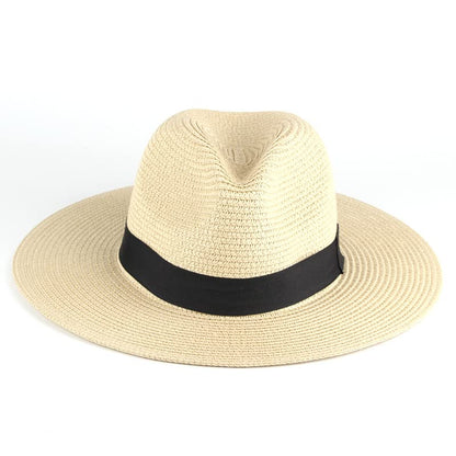 Unisex Adjustable Summer Straw Fedora Hat Sun Cap Panama Wide Brim For Beach Summer Outdoors Camping Supplies - color: Beige