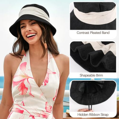 Babalet Women Faux Linen Blend Beach Bucket Hat Lightweight Fisherman Hat - color: Solid Black / White Band