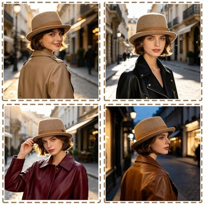 XGOPTS Unisex Summer Mesh Straw Porkpie Hat Trilby Jazz Fedora Panama Hats - color: Khaki