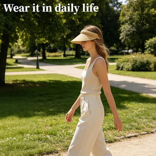 Women's Sun Visor Hats, 4 Pack Wide Brim UV Protection Empty Top Linen Visors Clip-on Headband Style Beach Hats for Women - color: Light Brown+white+black+light Yellow