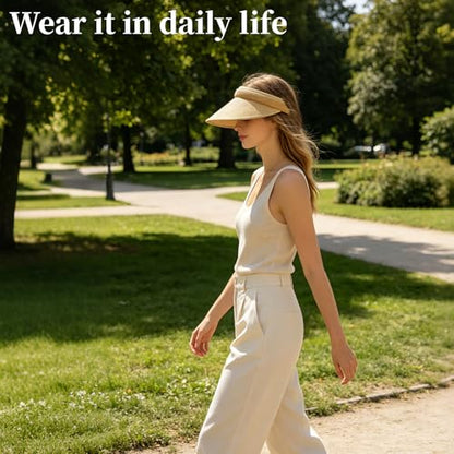 Women's Sun Visor Hats, 4 Pack Wide Brim UV Protection Empty Top Linen Visors Clip-on Headband Style Beach Hats for Women - color: Light Brown+white+black+light Yellow