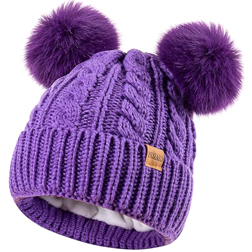 Women's Winter Hat Soft Knit Beanie with Faux Fur Pom Hat with Warm Fleece Lining Skull Cap for Women - color: Light Purple