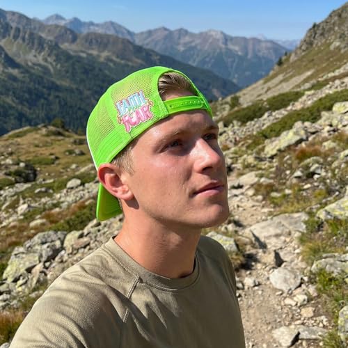HEYTRCO 43PCS Colorful DIY Trucker Hat Kit, 3 Mesh Foam Hats with 30 Iron-On Patches, Pins, Hat Chains & Heat-Resistant Tape – Party Hat Bar Craft Kit for Men & Women - color: Rose Red / Neon Yellow / Light Green – Colorful Party DIY Kit