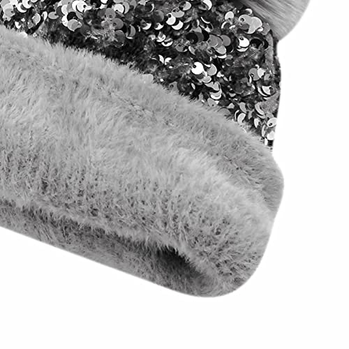 Women Sparkly Sequins Knitted Beanie Hat Warm Winter Skull Cap with Faux Fur Pom Pom - color: Gray