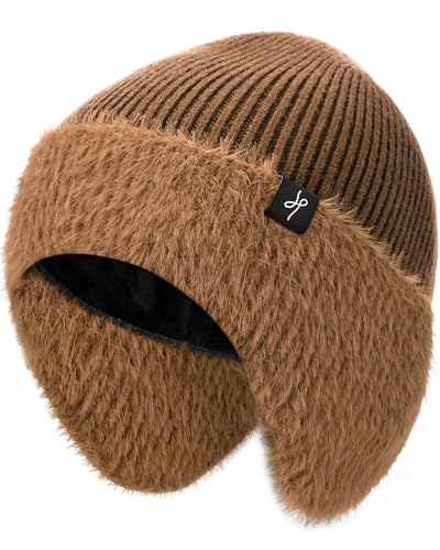 HAMUNI Winter Fleece-Lined Beanie with Earflaps, Warm Windproof Unisex Beanie Hat for Skiing, Hiking & Outdoor Winter Sports - color: Roasted Almonds