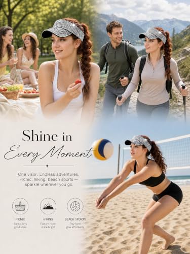 Women Shiny Rhinestone Bling Sun Visor Adjustable Tennis Beach Ponytail Hat - color: Black Hat+white Rhinestone