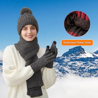 HUAMULAN Women Winter Knit Beanie Hat Circle Scarf Set Pompoms Ear Flaps - color: Gray With Scarf and Gloves