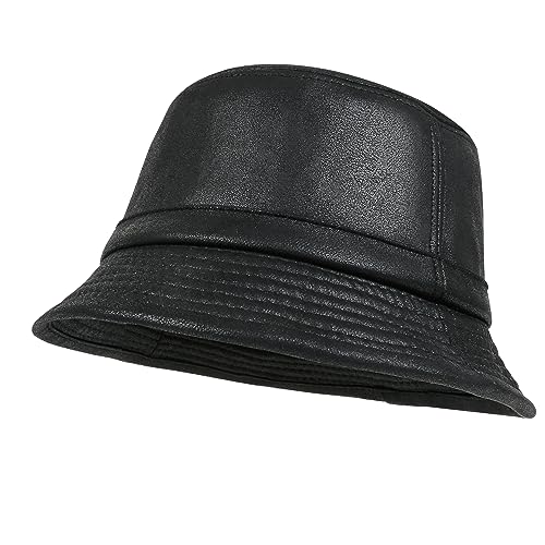 ililily Vintage Faux Leather Short Brim Bucket Hat Flat Top Basic Hat - color: Black, size: Medium