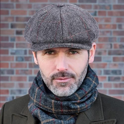 Mens Newsboy Cap High Woolen Tweed Gatsby Hat Ivy Cabbie Flat Golf Cap for Fathers Women Unisex - color: Herringbone Plaid Grey, size: 7 1/4-7 1/2