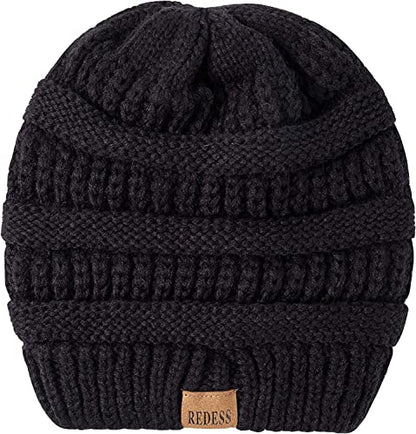 REDESS Slouchy Beanie Hat for Men and Women Winter Warm Knit Hat Chunky Soft Oversized Cable Cap - color: A9 Black