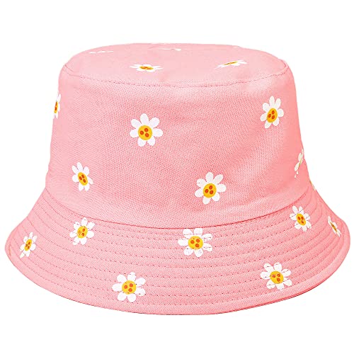 Falari Reversible Bucket Hat for Men Women Summer Travel Beach Outdoor Fishing Hat 100% Cotton - color: J876-pink-daisy Flower