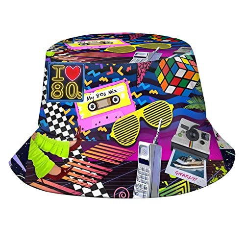 Funny Retro 80s 90's Style Design Summer Unisex Reversible Print Bucket Hat - color: 80s_ 90s 15