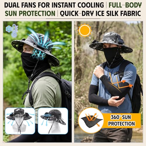 Syhood Solar Powered Fan Hat Neck Gaiter Arm Sleeves Sun Bucket Hat with Fan Cooling Wide Brim Hats for Fishing Hiking - color: Camouflage7, style: Breathable