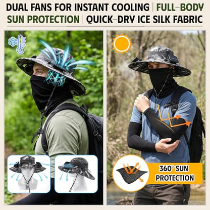 Syhood Solar Powered Fan Hat Neck Gaiter Arm Sleeves Sun Bucket Hat with Fan Cooling Wide Brim Hats for Fishing Hiking - color: Camouflage7, style: Breathable
