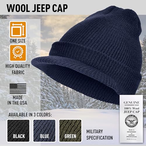 Genuine G.I. Winter Beanie Cap with Visor, 100% Knitted Wool, Double-Layer Winter Hat, Made in USA - color: Navy