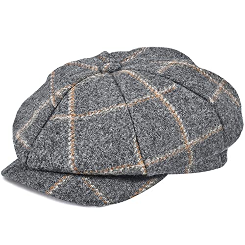 Mens Newsboy Cap High Woolen Tweed Gatsby Hat Ivy Cabbie Flat Golf Cap for Fathers Women Unisex - color: Big Plaid Grey, size: 7 1/2-7 3/4