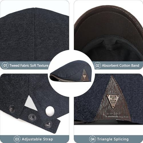 meioro Men's Cotton Newsboy Hat Adjustable Tweed Flat Cap for Men - color: Navy