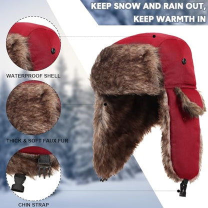 SATINIOR 1 Pcs Unisex Trapper Hat with Chin Strap Earflaps Hat - color: Red