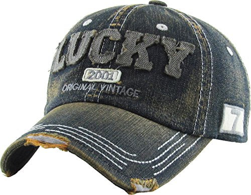 Fashion Vintage Distressed Washed Assorted Baseball Cap Dad Hat Adjustable Unisex - color: .Dark Denim Lucky