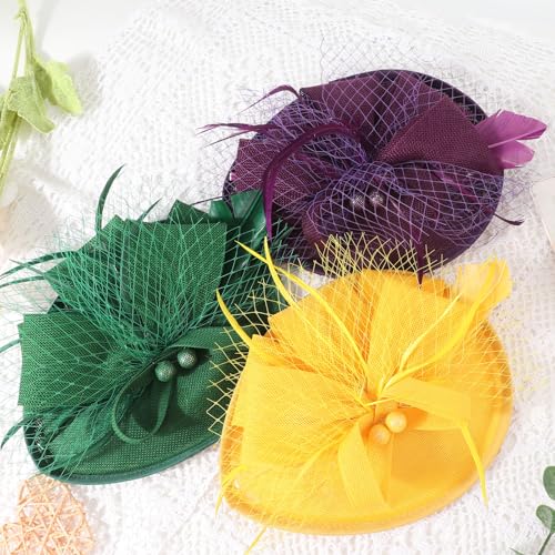 AQOKKA Women Fascinators Hats Flower Mesh Feathers Headband Clip - color: 1 Pc Feather Fascinators : Green