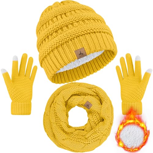 LOROME Winter Beanie Hat Scarf Gloves, Warm Fleece Knit Neck Scarf Set Gift - color: Ginger Yellow