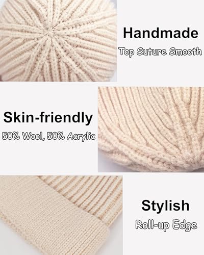 vidsel Thin Wool Fisherman Beanie for Men Short Knit Cuff Trawler Watch Hat - color: 1pcs-beige