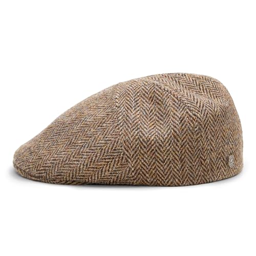 Sterkowski Ivy Five | Harris Tweed Flat Cap for Men and Women | Classic Elegant Warm 5 Panels Ivy - color: Yellow/Dark Herringbone, size: 6 3/4