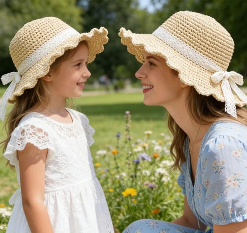 Women Girls Lace Beach Sun Straw Hat UPF 50+ Wide Brim Bucket Hat - color: Beige, size: Small
