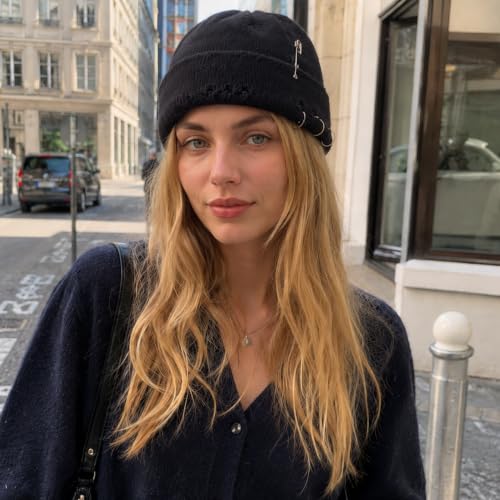 Distressed Ring Beanie Hat for Women Men Slouchy Skull Cap - color: Black