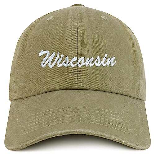 Trendy Apparel Shop Wisconsin State Embroidered Low Profile Adjustable Cotton Cap - color: Khaki