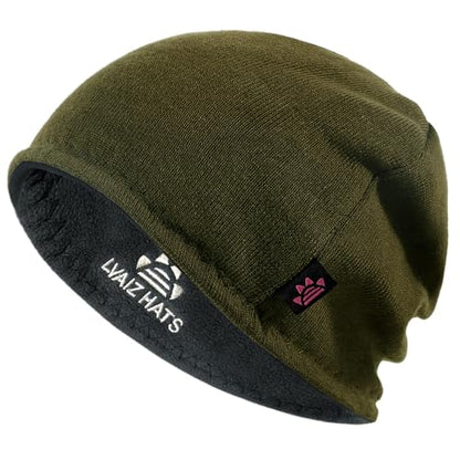 Lvaiz Winter Fleece Lined Beanie Hat for Men Women Reversible Skull Cap - color: Olive Green+grey