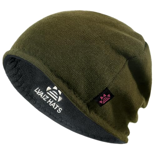 Lvaiz Winter Fleece Lined Beanie Hat for Men Women Reversible Skull Cap - color: Olive Green+grey