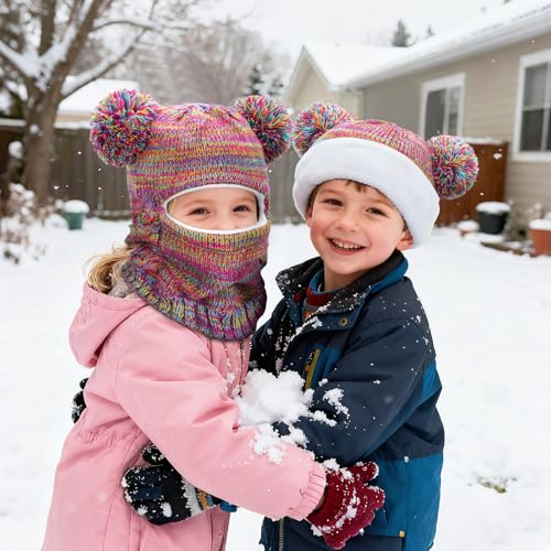 Jansun Kids Double Pom Pom Winter Hat, Warm Fleece Lined Cute Kids Winter Hat Scarf Earmuffs Girls Accessories Hat Rainbow - style: Classic