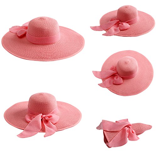 Lanzom Womens 5.7 Inches Big Bowknot Straw Hat Large Floppy Foldable Roll up Beach Cap Sun Hat UPF 50+ - color: Pink