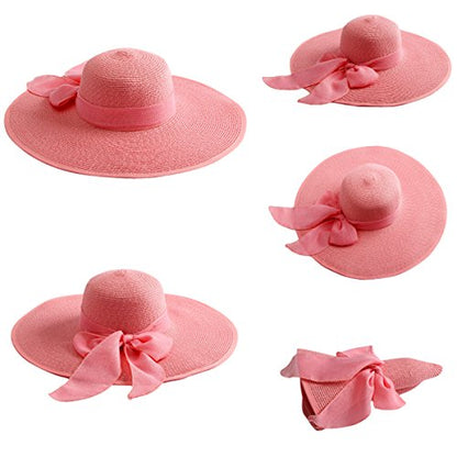 Lanzom Womens 5.7 Inches Big Bowknot Straw Hat Large Floppy Foldable Roll up Beach Cap Sun Hat UPF 50+ - color: Pink