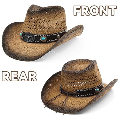 WQWOVRVO Cowboy Hat,Cowgirl Hat,Straw Cowboy Hats for Women/Men Wide with Shapeable Brim - color: Brown&coffee Color