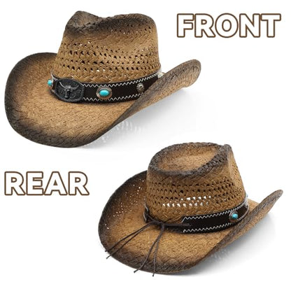 WQWOVRVO Cowboy Hat,Cowgirl Hat,Straw Cowboy Hats for Women/Men Wide with Shapeable Brim - color: Brown&coffee Color