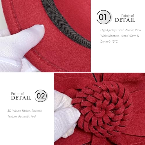 Woolen Cloche Hat for Women, Flower Winter Warm Bucket Cap - color: Wine Red