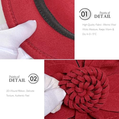 Woolen Cloche Hat for Women, Flower Winter Warm Bucket Cap - color: Wine Red