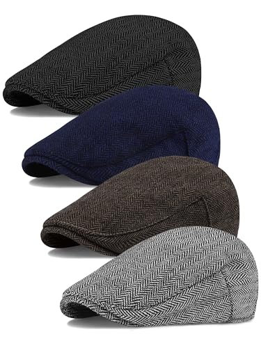 4 Pieces Men's Herringbone Flat Newsboy Hat Classic Newsboy Cap Trendy Flat Cap for Outdoor Daily Use - color: Black+grey, Black+white, Brown, Navy, size: Large