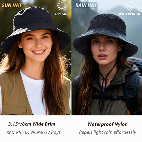 Waterproof Bucket Hat Hiking Hat for Women, Wide Brim Rain Hat UV Protection Sun Hat Packable Boonie Hat for Fishing Beach - color: Beige