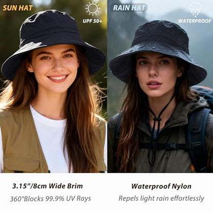 Waterproof Bucket Hat Hiking Hat for Women, Wide Brim Rain Hat UV Protection Sun Hat Packable Boonie Hat for Fishing Beach - color: Beige