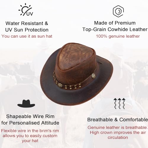 Leather Cowboy Hat for Men Women Western Australian Outback Hat with Shapeable Wide Brim, Aussie Style Leather Hat - color: Brown, size: Medium