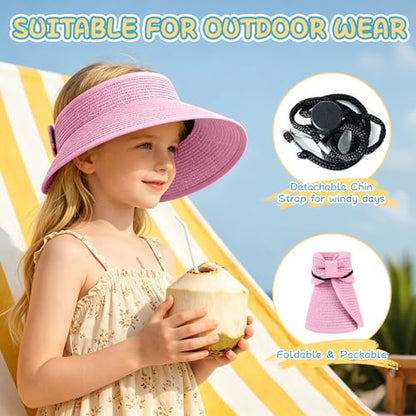 Girls Sun Visor Hat with Ponytail Hole Wide Brim Beach Straw Visor UPF 50+ - color: 1pack-pink