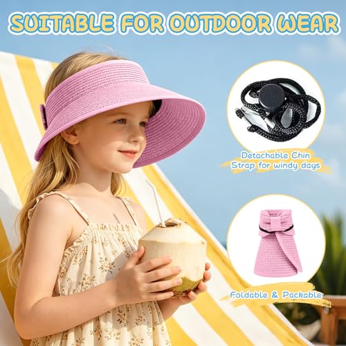 Girls Sun Visor Hat with Ponytail Hole Wide Brim Beach Straw Visor UPF 50+ - color: 1pack-pink