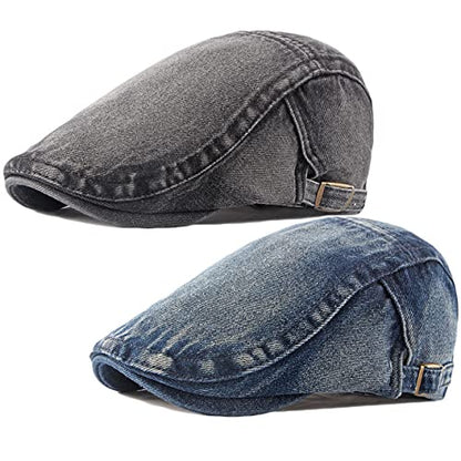 2 Pack Mens Denim Cotton Newsboy Cap Ivy Gatsby Driving Hunting Cabbie Hats - color: 2 Pack-g