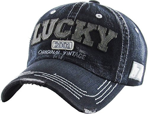 Fashion Vintage Distressed Washed Assorted Baseball Cap Dad Hat Adjustable Unisex - color: .Black Denim Lucky