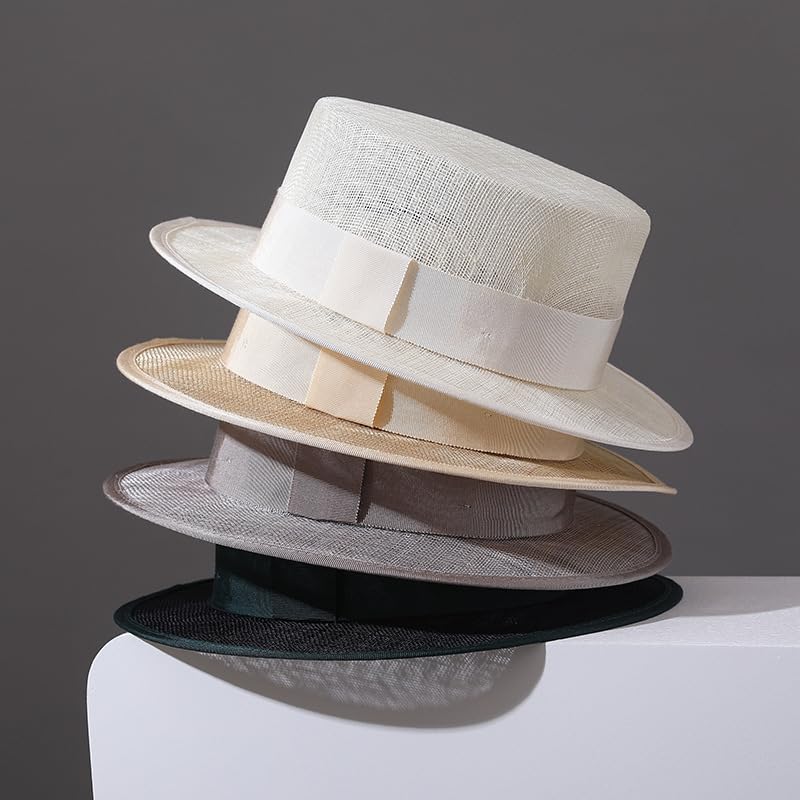 2026 Luxury Handmade Boater Hat, Lightweight Breathable Flax Yarn Summer Hat for Cruise Vacation Photo Essential. - color: Gray