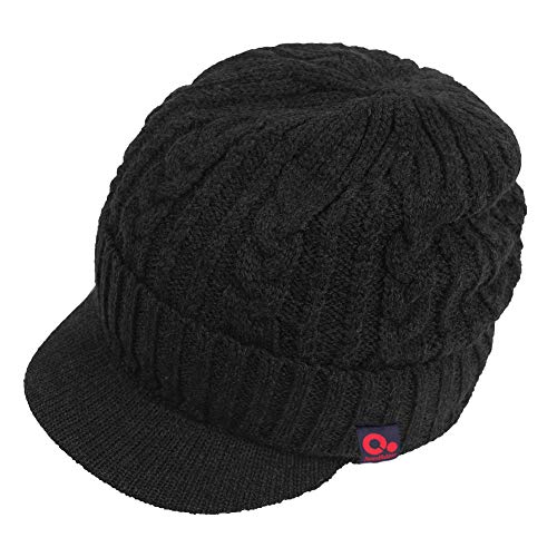 Original One Men Wool Blend Cable Knitted Visor Beanie Winter Knit Hat with Brim Fur Lined Ski Cap - color: Black