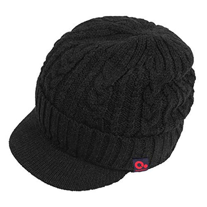 Original One Men Wool Blend Cable Knitted Visor Beanie Winter Knit Hat with Brim Fur Lined Ski Cap - color: Black